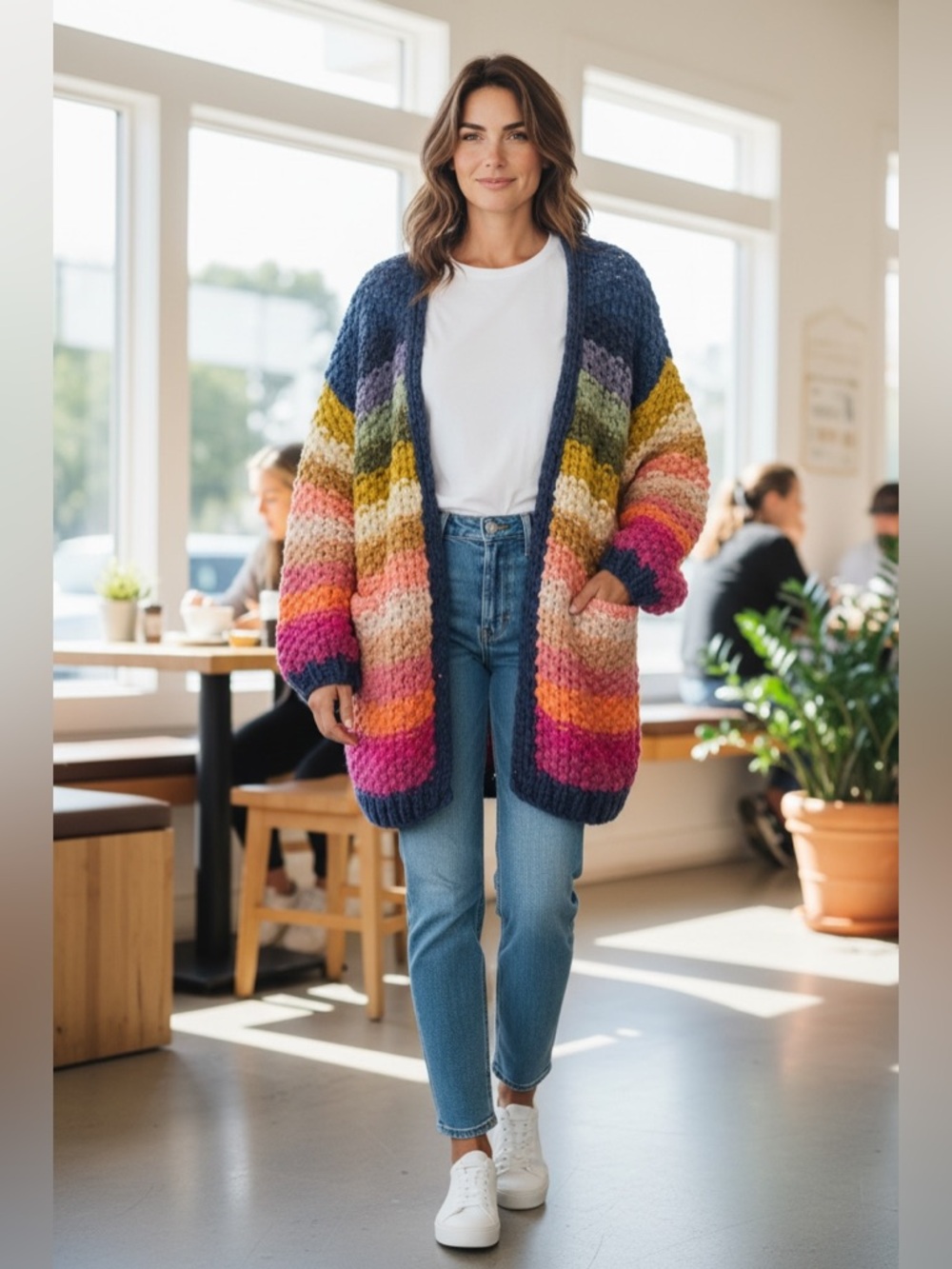SAACHI Multicolor Chunky Knit Cardigan - Blue, Purple, Tan, Yellow, Cream